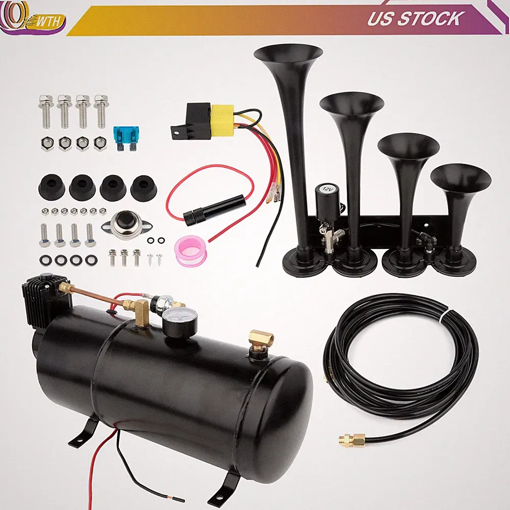 0.8 Gallon air tank 150 PSI 12 volt air compressor 4 TrumpetS for Car Truck