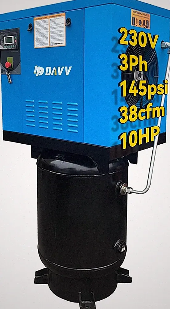 3 Phase 10HP 230V Rotary Screw Air Compressor 39fm 60 Gallon ASME Tank 145Psi